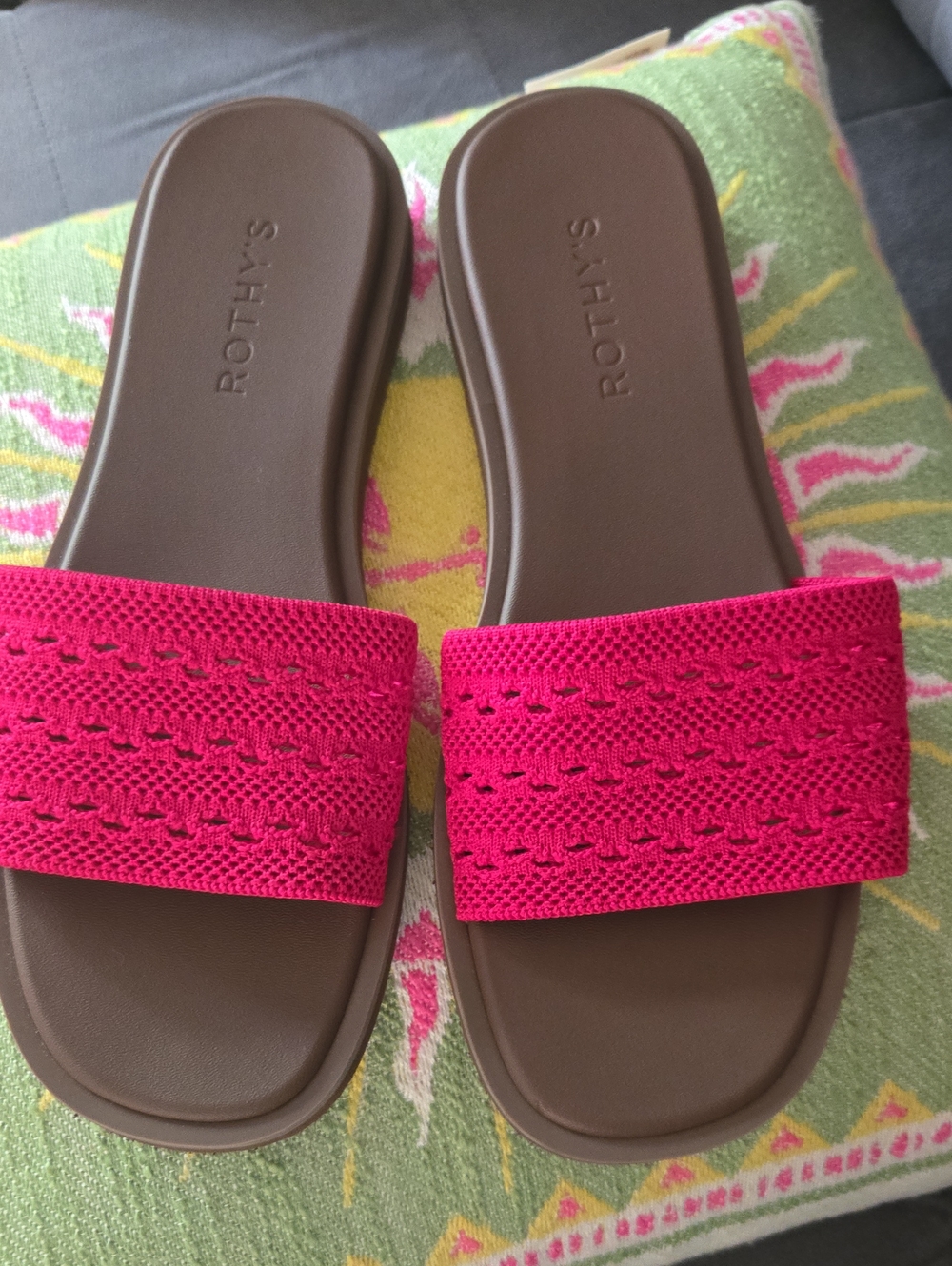 Rothy's Women's Hot Pink Crochet Slide Sandals with Brown Footbed
